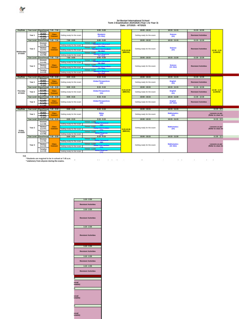 Sri Bestari School Term 3 Exam Schedule | PDF | Educational Assessment ...