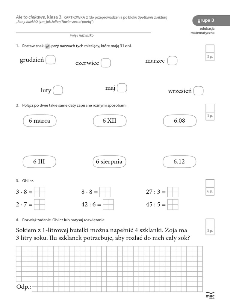 Kartkowka NR 2 Matematyka Kl3 Grupa B | PDF