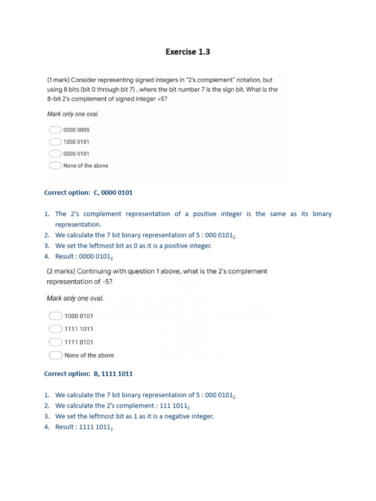 Binary and 2's Complement Exercises | PDF