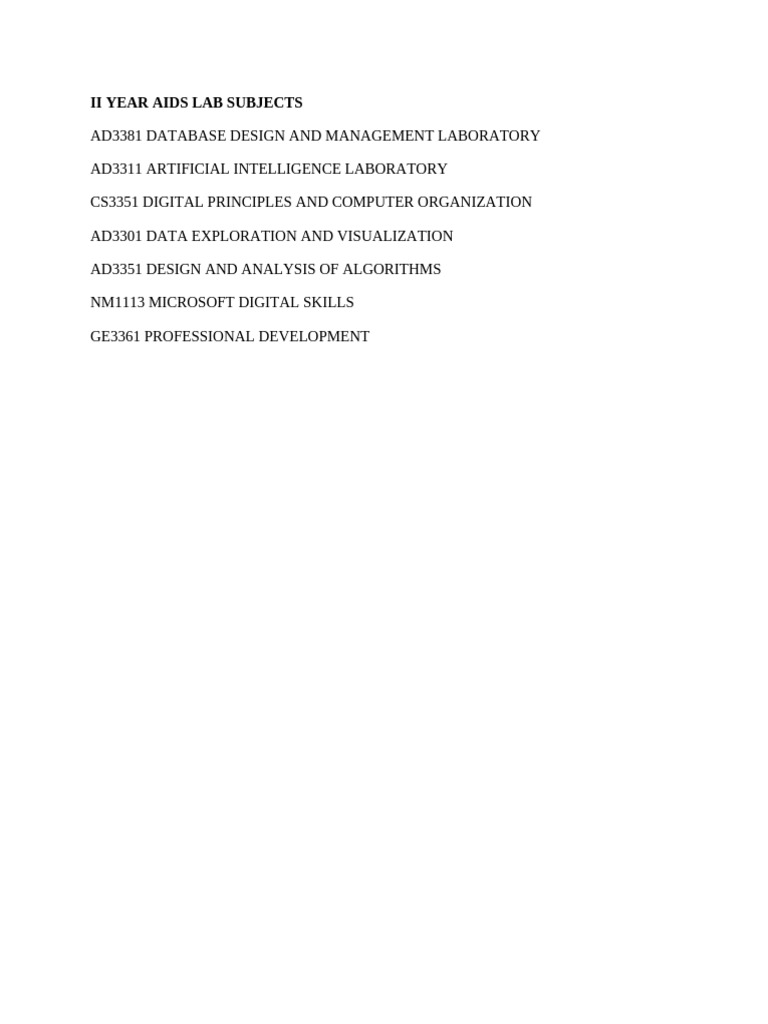 II Year AIDS Lab Subjects Overview | PDF