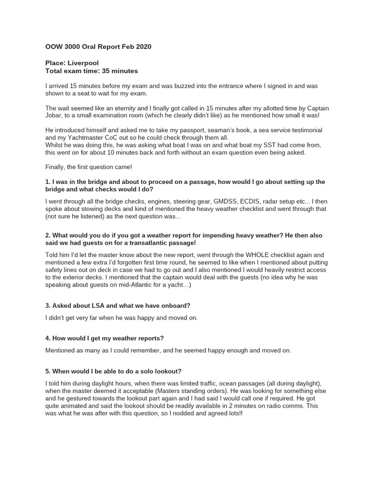 OOW Oral Report 5.2.2020 | PDF | Ships | Water Transport