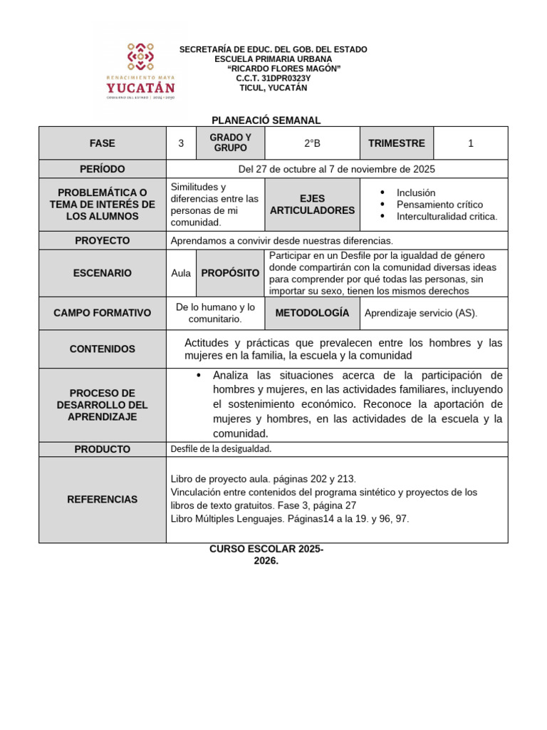 Planeación Semanal 2°B: Igualdad de Género | PDF | Educación primaria ...
