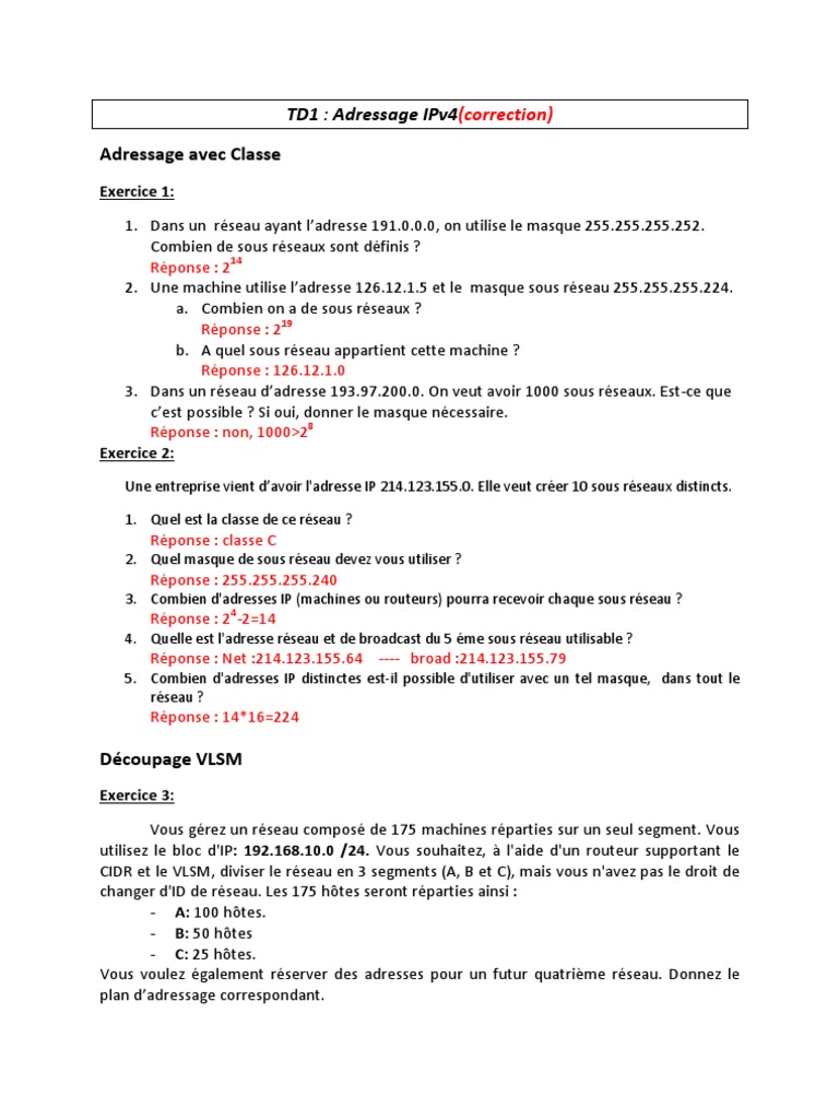 Exercices Corrigés sur l'Adressage IPv4 | PDF | Adresse IP ...