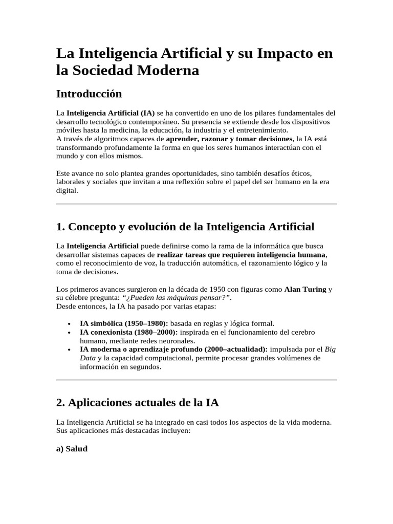 La Inteligencia Artificial y Su Impacto en La Sociedad Moderna | PDF ...