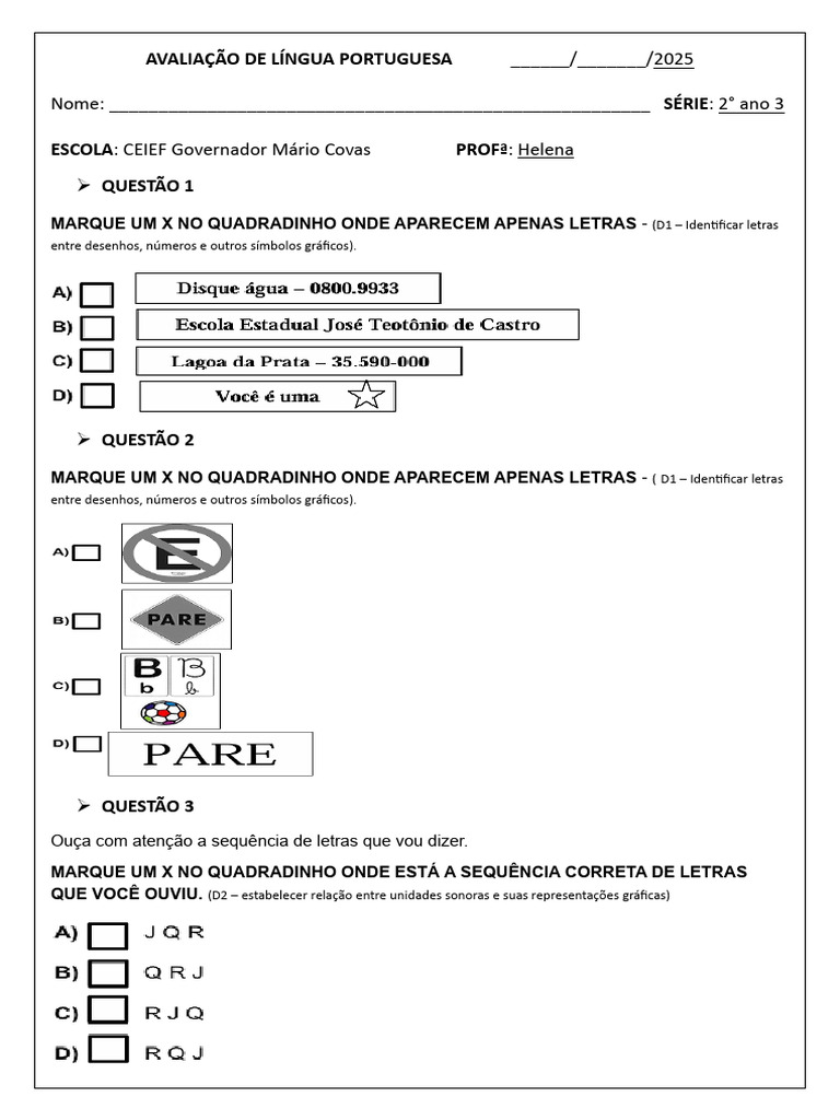 Avaliação de Língua Portuguesa 2º Ano | PDF
