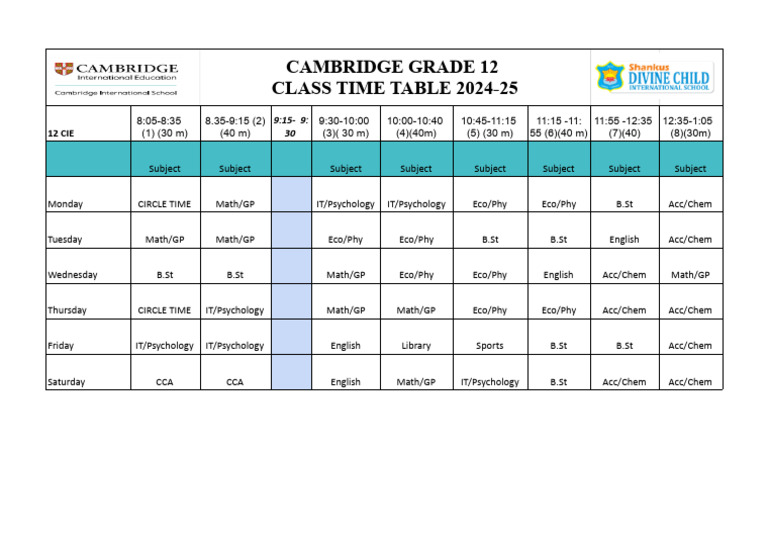 Cambridge Grade 12 Class Time Table 2024-25 | PDF