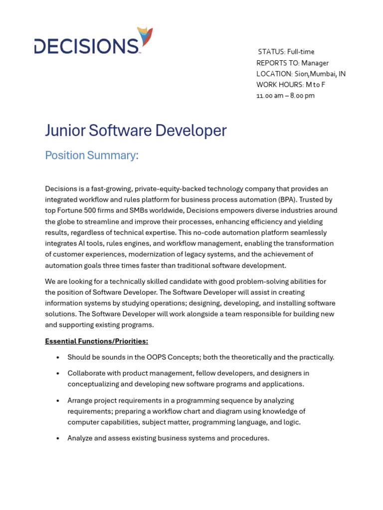 Junior Software Developer: Position Summary | PDF | Software ...