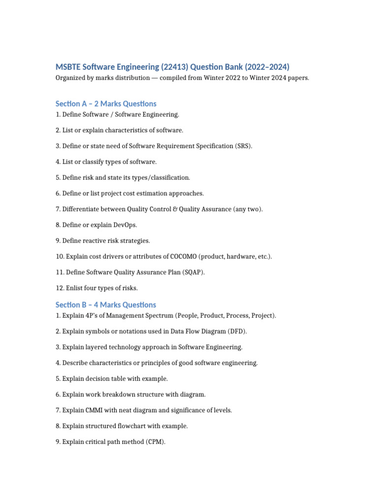 MSBTE Software Engineering Question Bank 2022-2024 | PDF | Agile ...