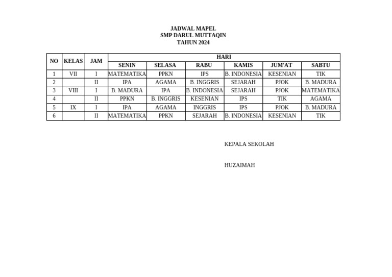 Jadwal Mapel SMP Darul Muttaqin 2024 | PDF