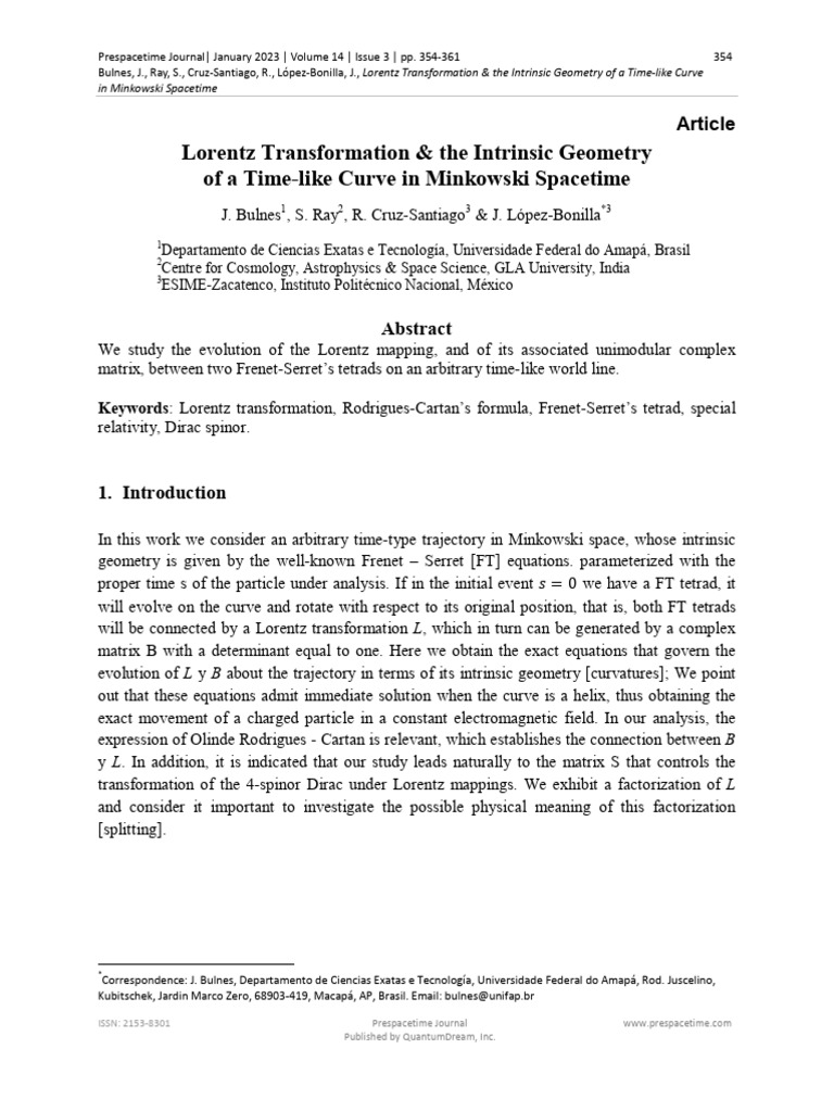 Lorentz Transformation The Intrinsic Geometry of A Time-Like Curve in ...