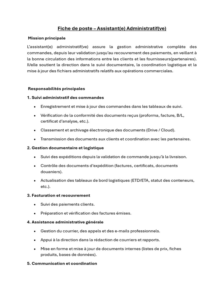 Fiche de Poste : Assistant Administratif | PDF | Logistique | Facture