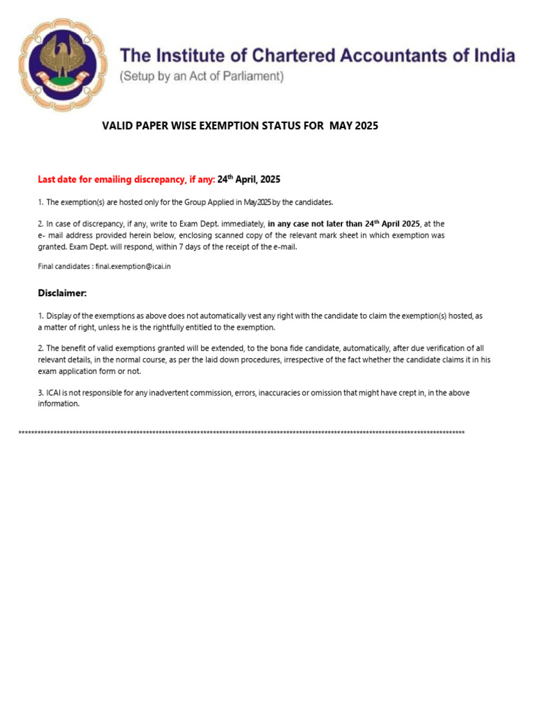 May 2025 Exam Exemption Status Guide | PDF