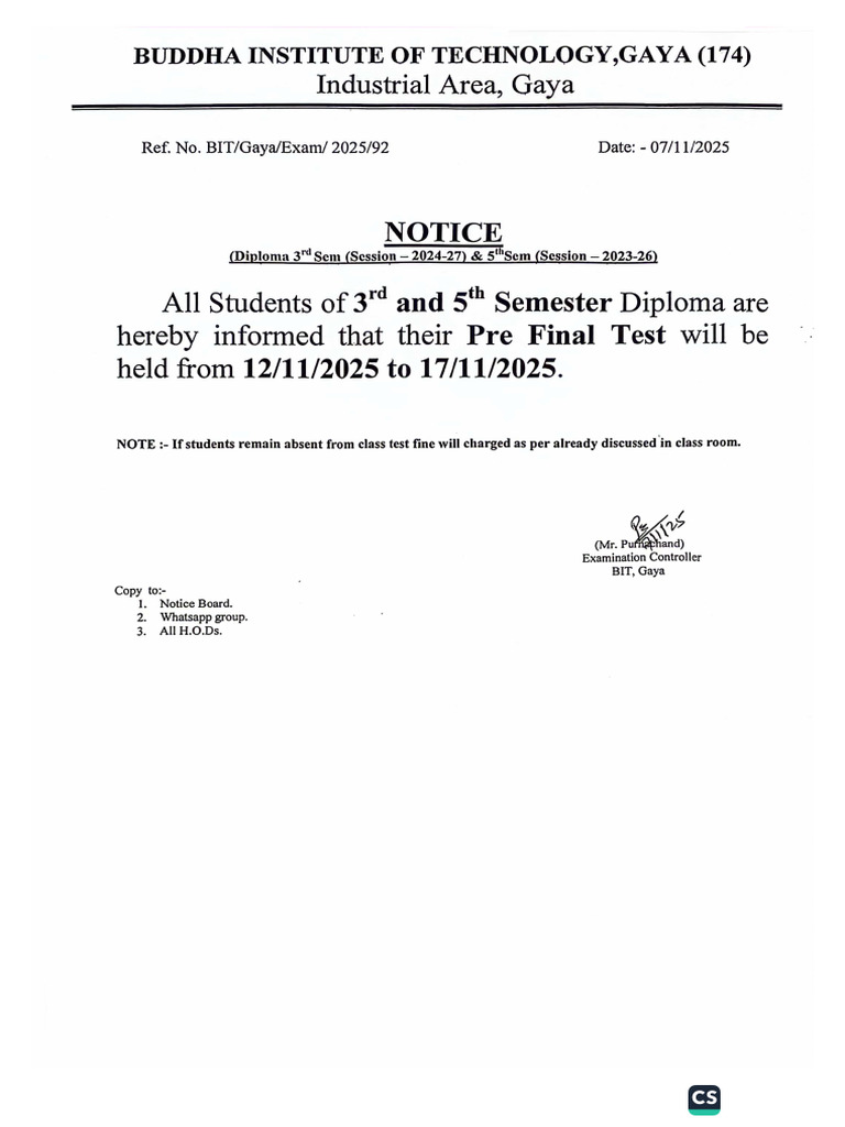 Bit Notice Pre Final Exam - 3rd & 5th Sem - 1 | PDF
