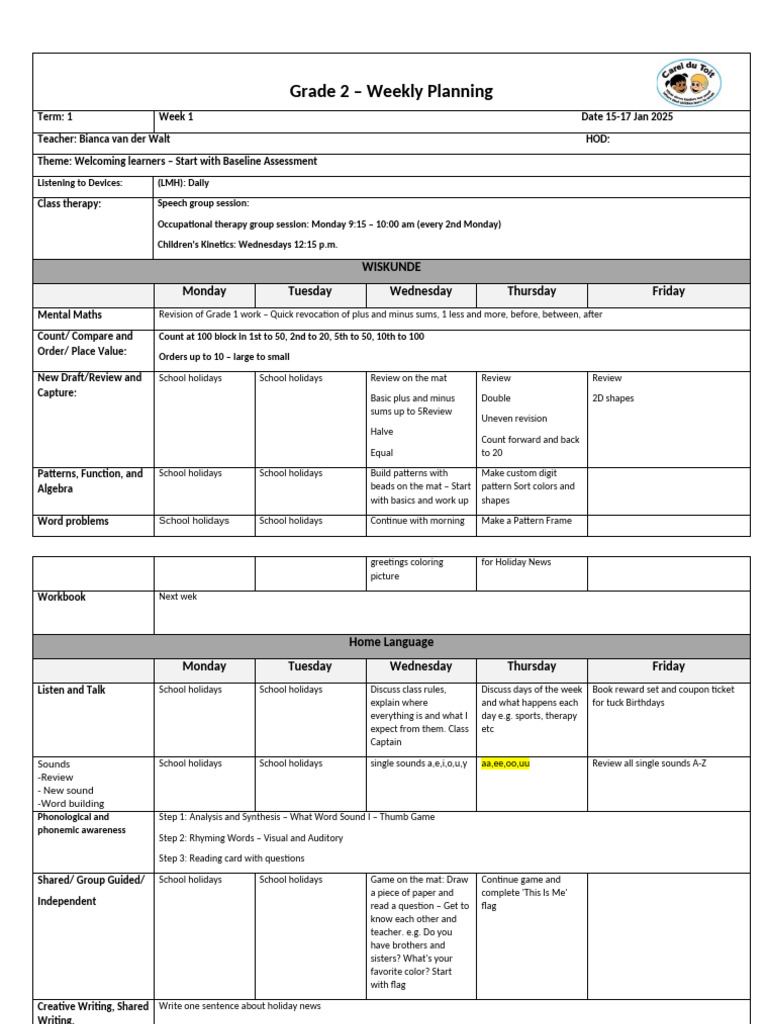 Planning Grade 2 - Week 1 - Term 1 | PDF | Reading Comprehension ...