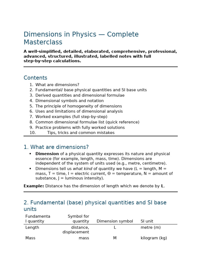Dimensions in Physics - Complete Masterclass | PDF | International ...
