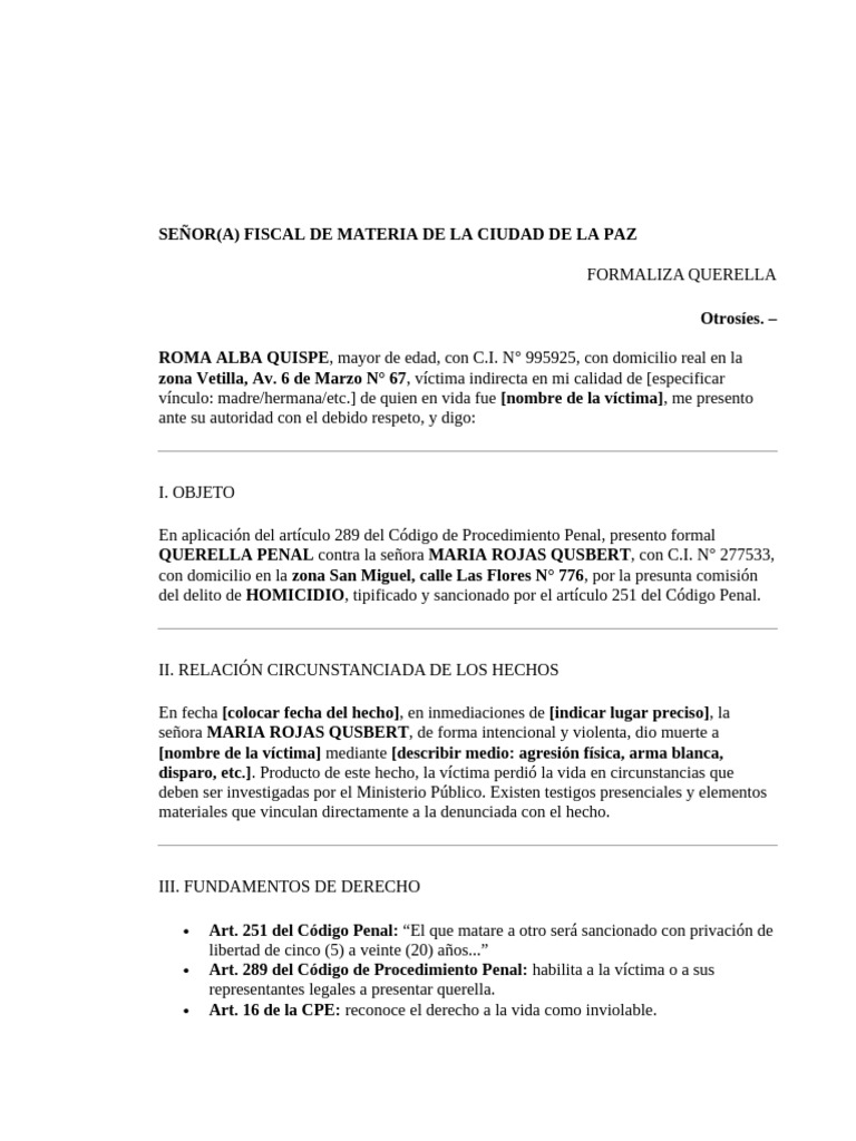 Querella Penal por Homicidio en La Paz | PDF | Queja | Justicia