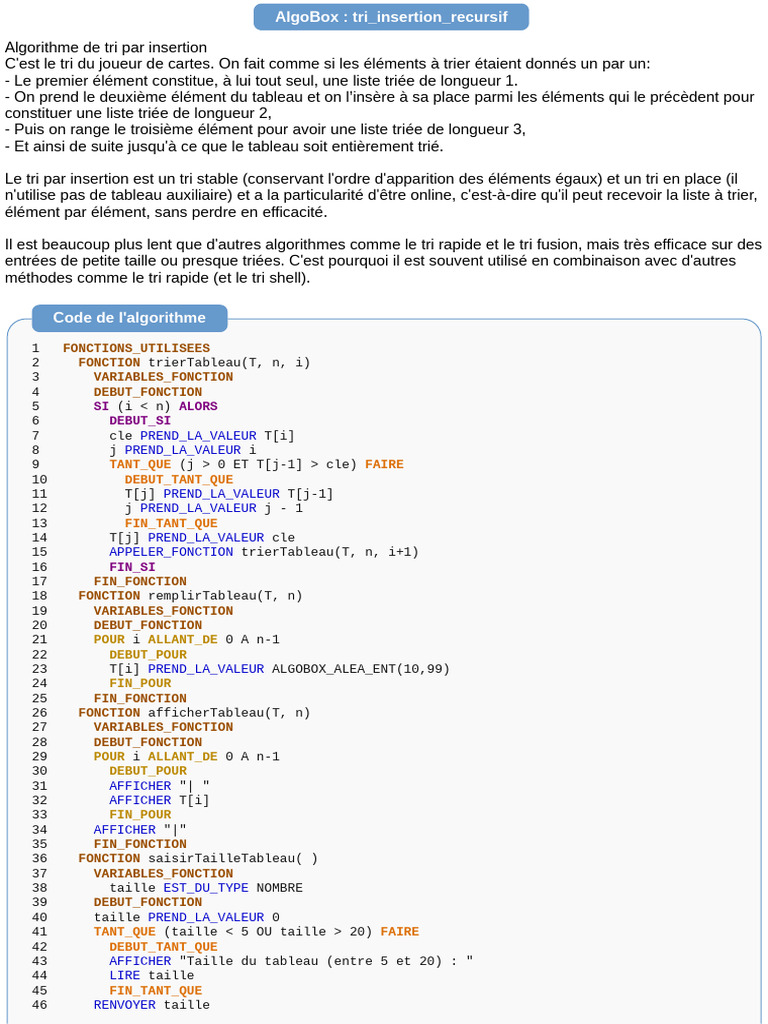 Tri par insertion récursif en AlgoBox | PDF | Algorithmes et structures ...
