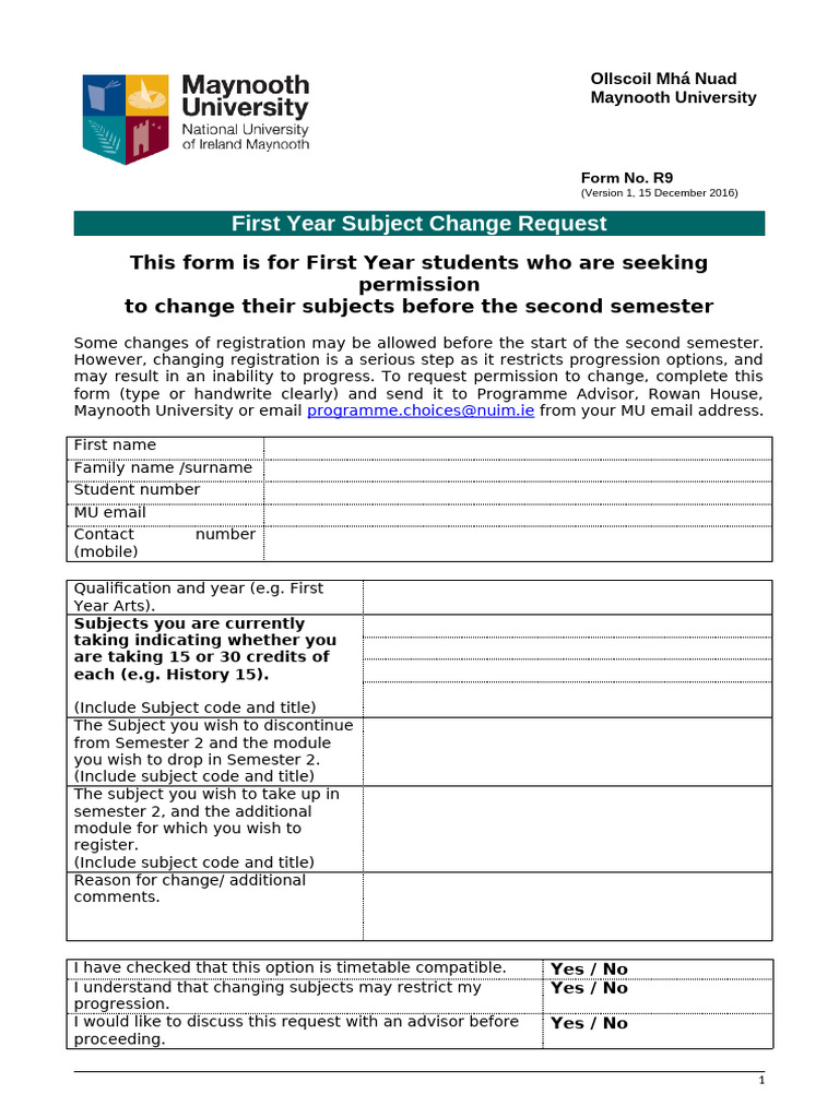 Maynooth University Subject Change Form | PDF