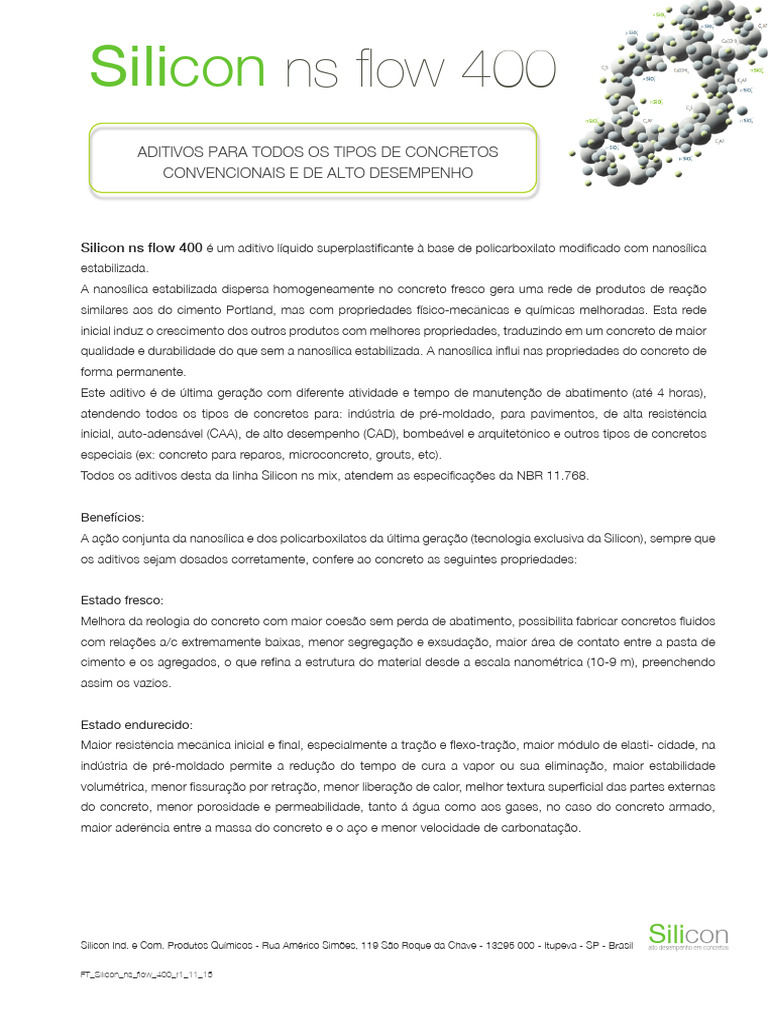 Aditivo Superplastificante Silicon ns flow 400 | PDF | Concreto | Cimento