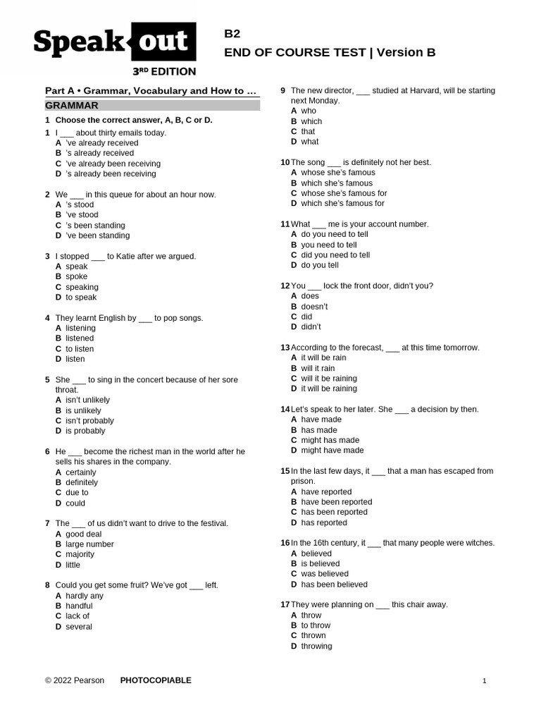 B2 End of Course Test: Grammar & Vocabulary | PDF | English Language