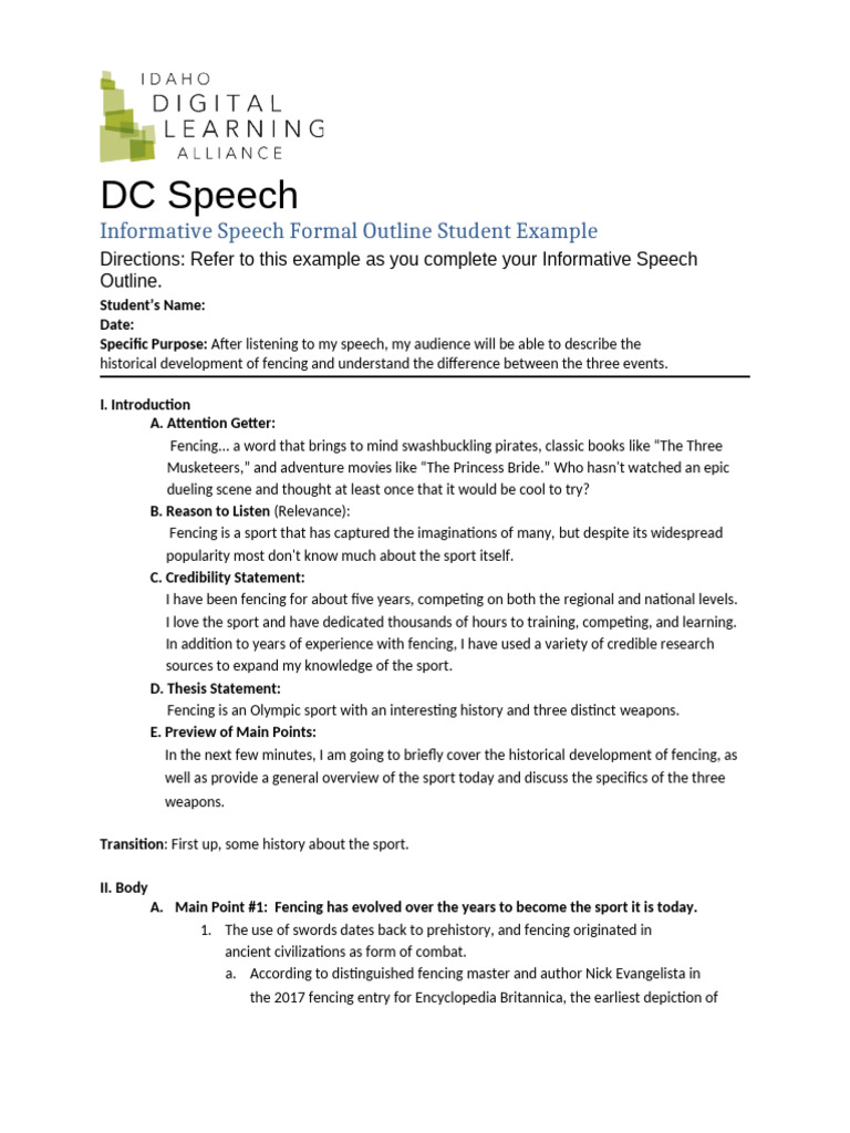 Informative Speech Outline Student Example | PDF | Fencing | Sword