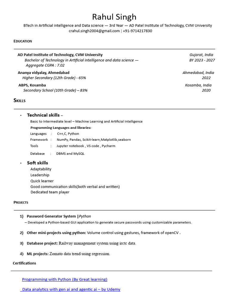 Rahul Singh: AI & Data Science Student Profile | PDF