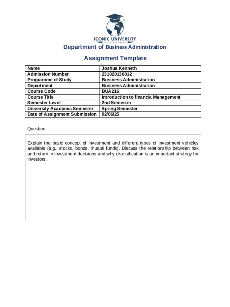 BUA216 Assignment Template | PDF | Investing | Financial Risk