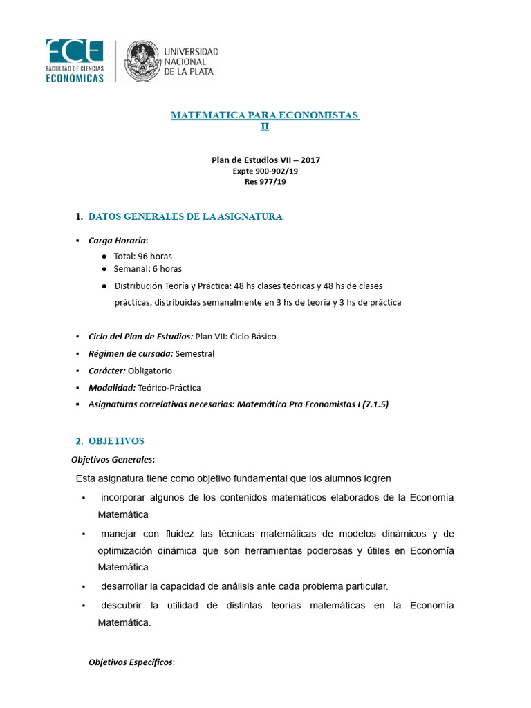Matematica para Economistas II: Datos Generales de La Asignatura | PDF ...