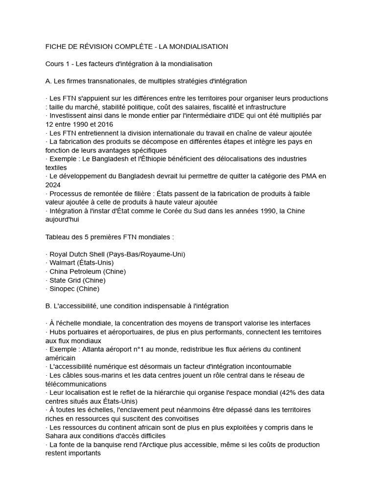 Fiche de révision sur la mondialisation | PDF | Globalisation | Société ...