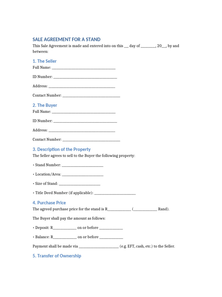 Stand Sale Agreement Template | PDF | Common Law | Private Law