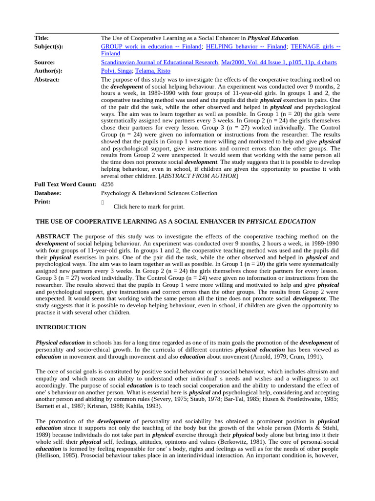 The Use of Cooperative Learning As A Social Enhancer in Physical ...