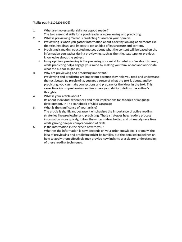 Essential Reading Skills: Previewing & Predicting | PDF