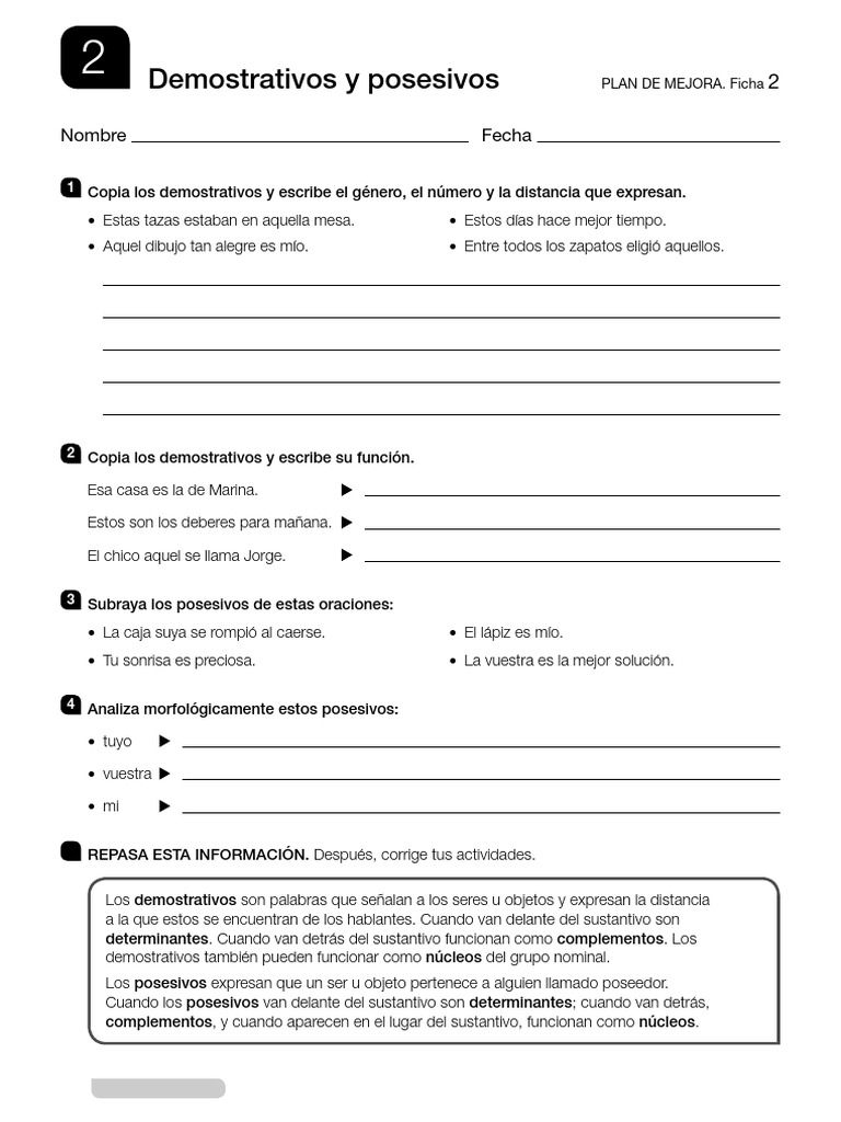 Demostrativos y Posesivos en Lengua 6 | PDF