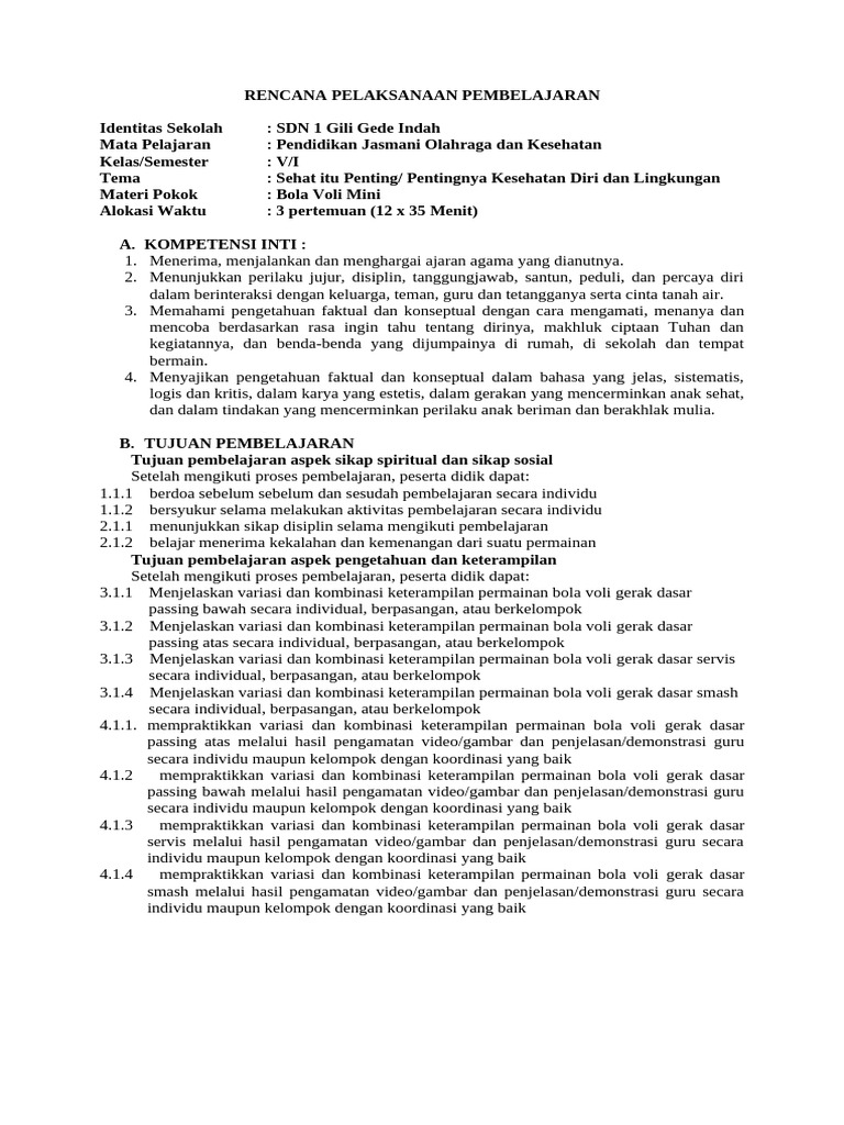 RPP Pendidikan Jasmani Kelas V Voli | PDF