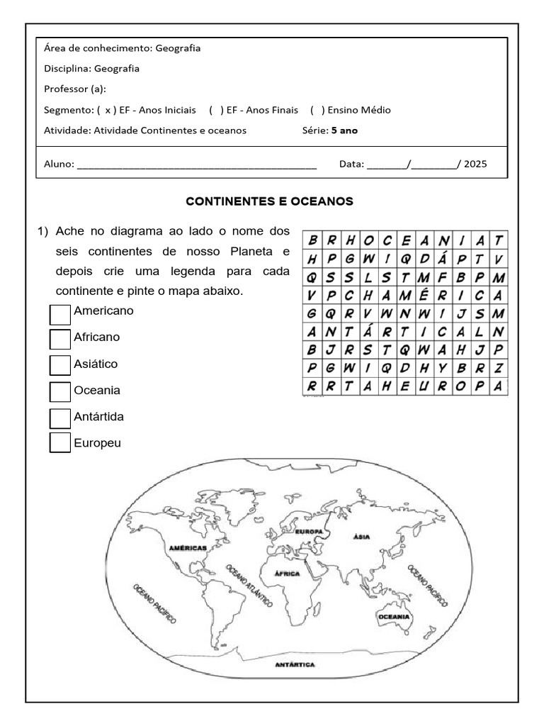 Atividade sobre Continentes e Oceanos 5º Ano | PDF