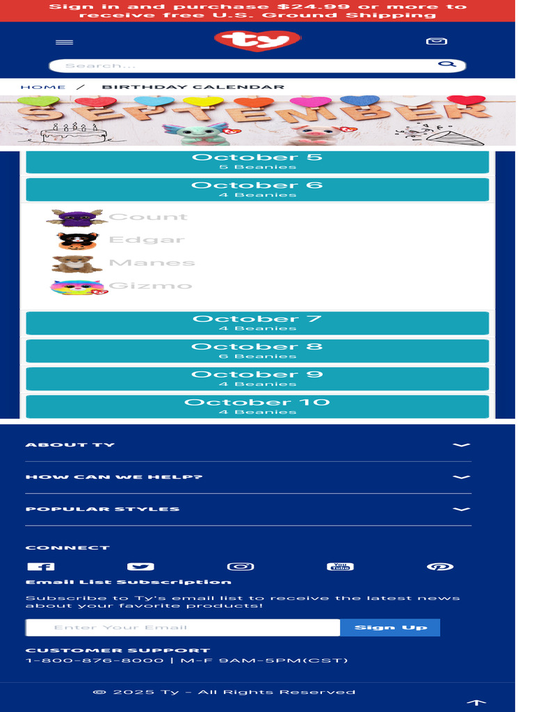 Ty Beanie Birthday Calendar PDF — free download
