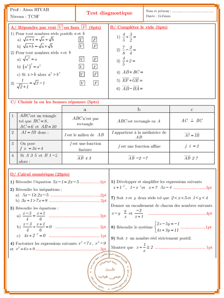 Test Diagnostique Mathématiques TCSF | PDF