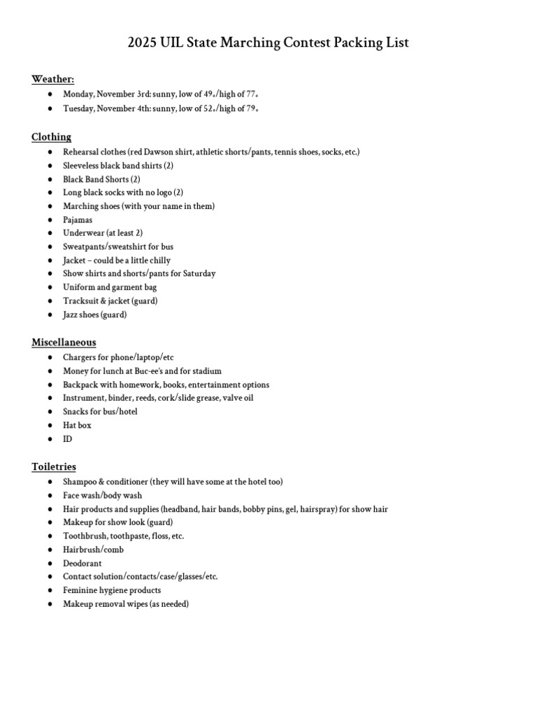 2025 UIL State Marching Contest Packing List | PDF