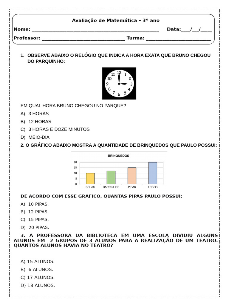 Avaliação de Matemática 3º Ano | PDF