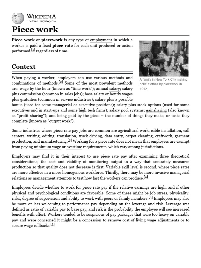 Piece Work - Wikipedia | PDF | Cost Of Living | Piece Work