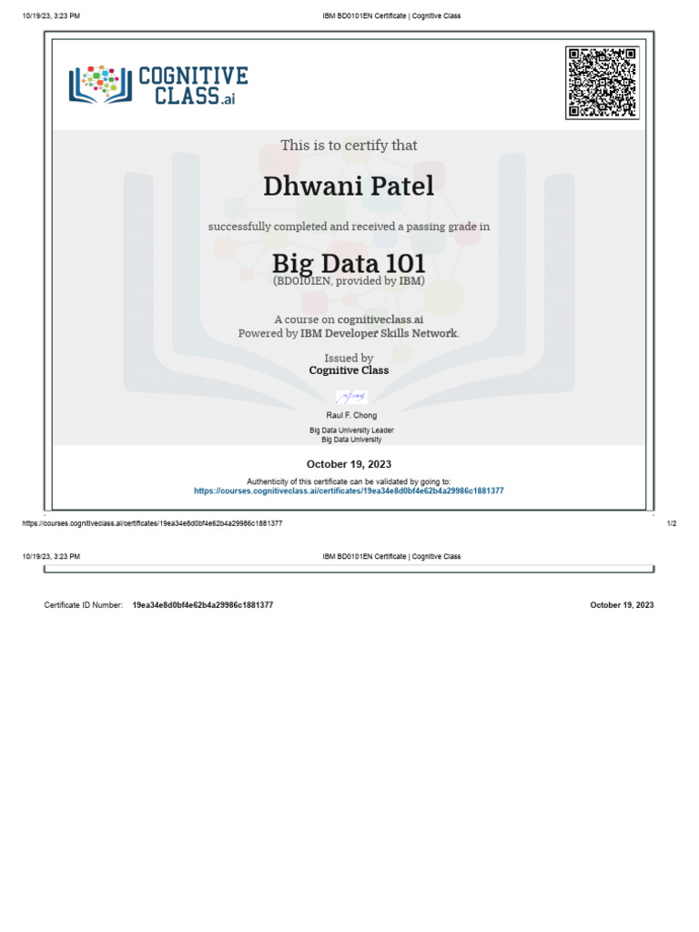 IBM Big Data 101 Certificate Verification | PDF