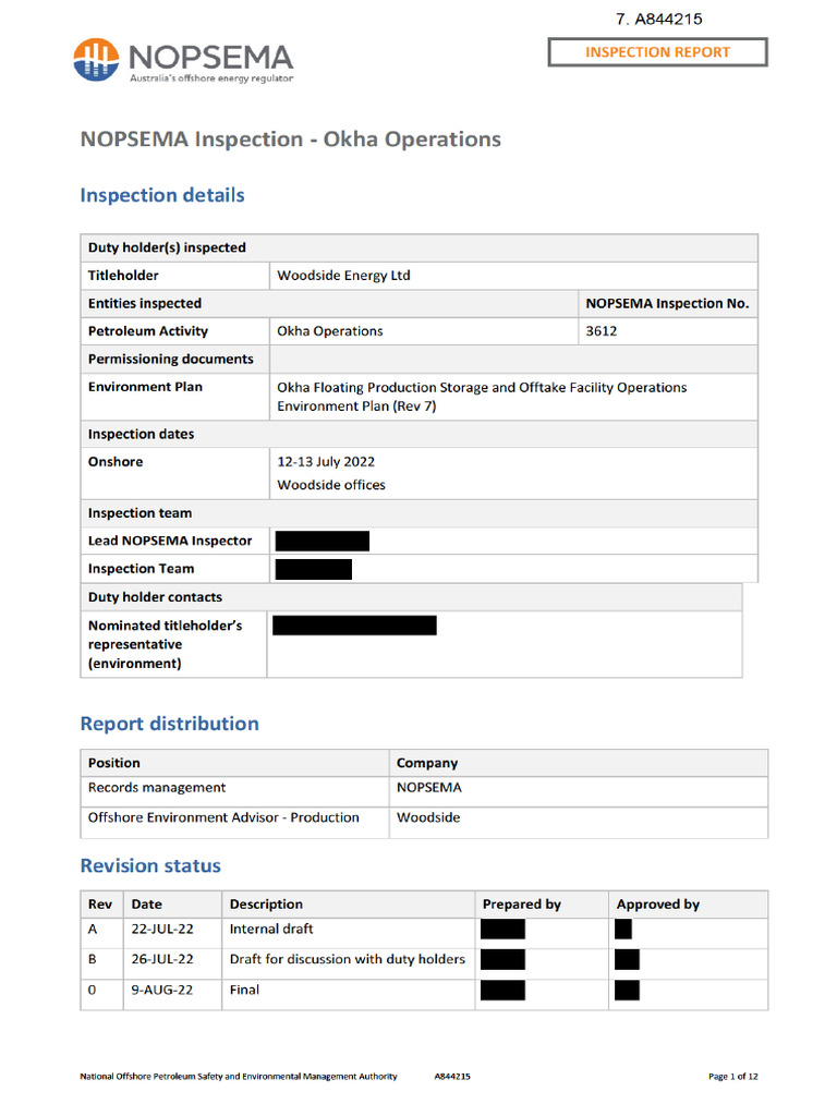 NOPSEMA Inspection Report: Okha Operations | PDF | Regulatory ...