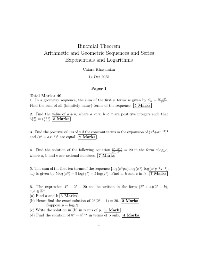 Binomial Theorem and Sequences Exam | PDF