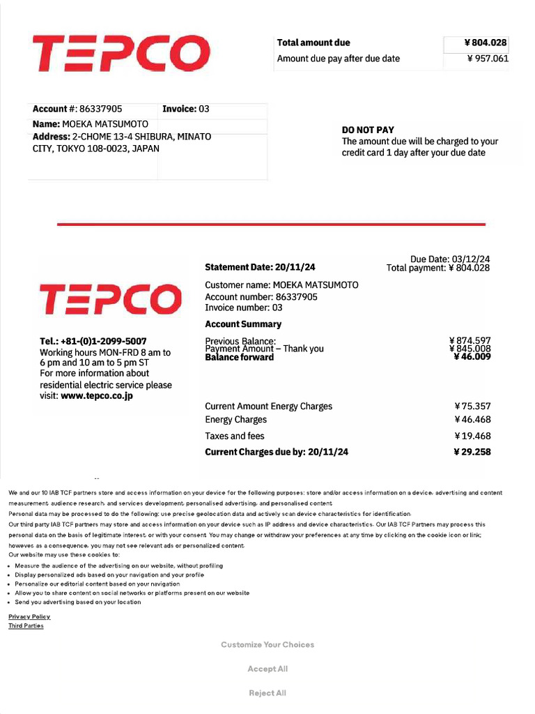 Energy Usage Invoice Summary | PDF | Payments | Services (Economics)