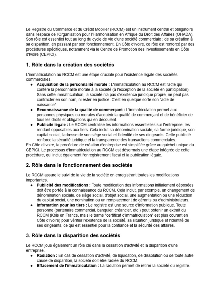 Importance du RCCM en Côte d'Ivoire | PDF | Business | Sociétés