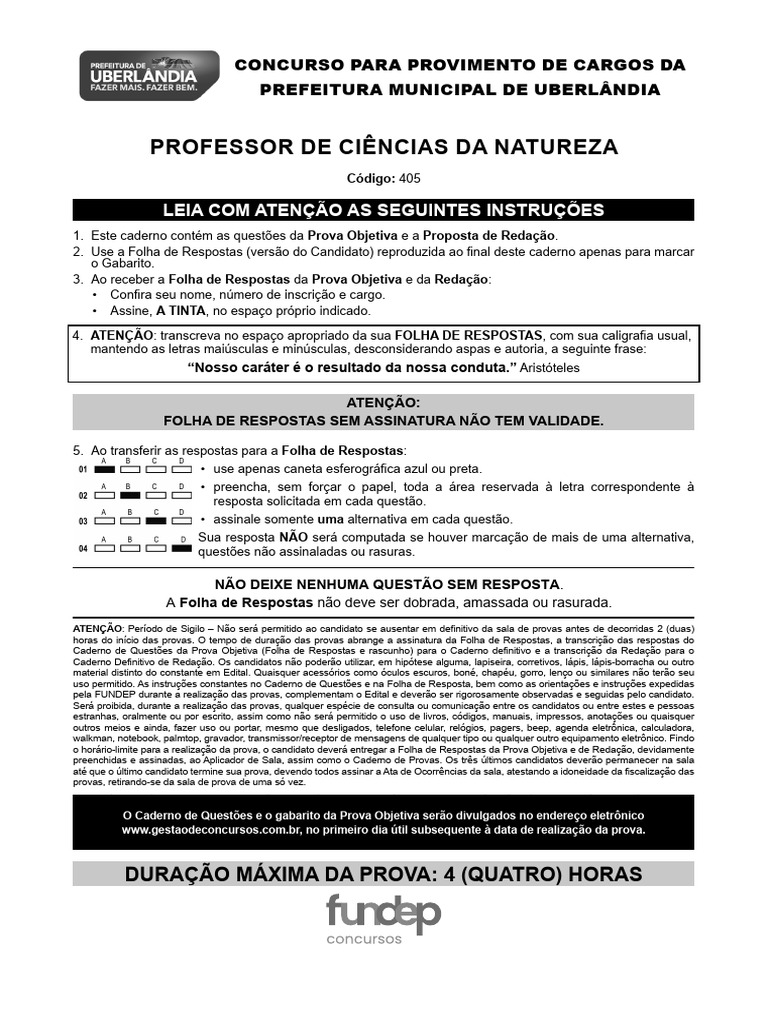 Prova Objetiva: Professor de Ciências Uberlândia | PDF | Science | Vírus