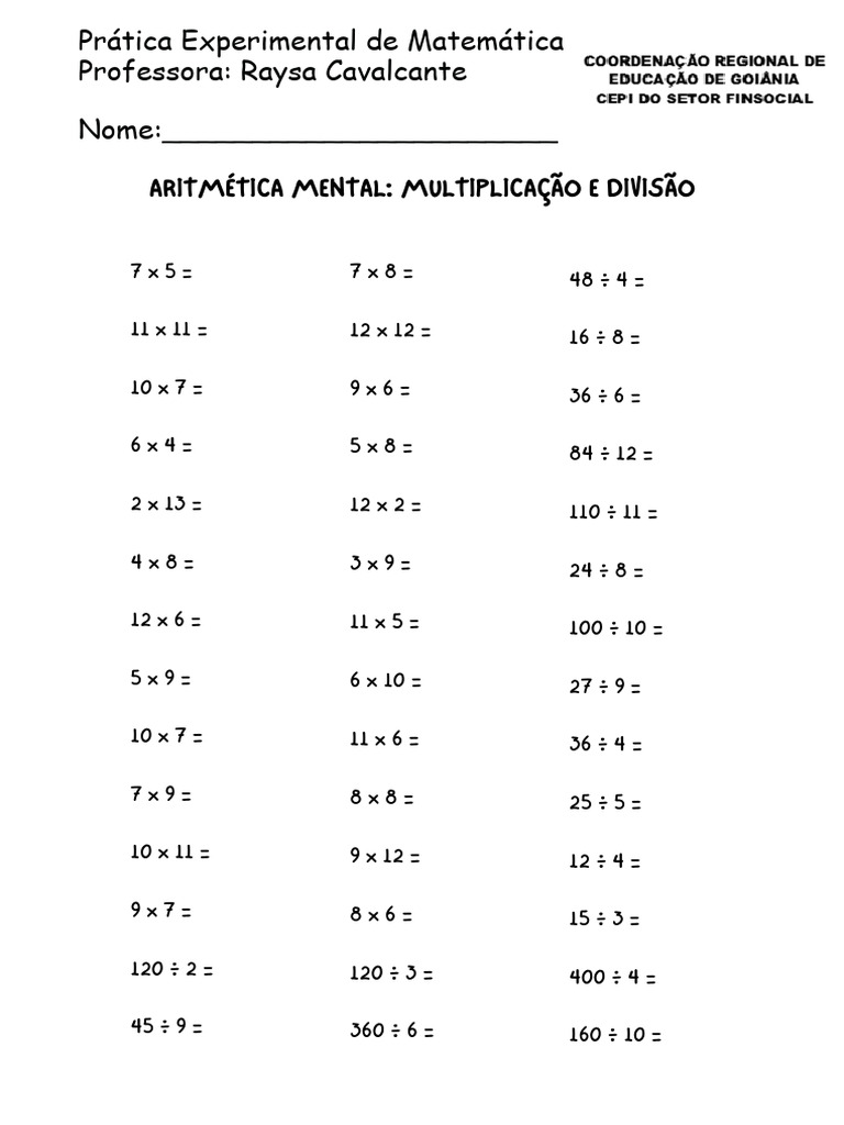 Exercícios de Multiplicação e Divisão | PDF