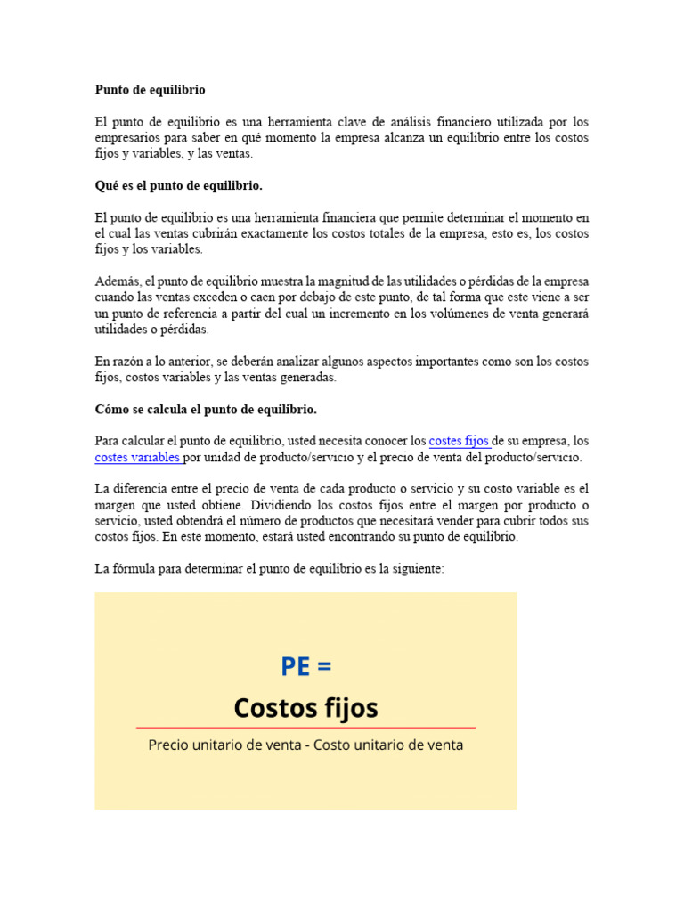 Cómo calcular el punto de equilibrio empresarial | PDF | Margen bruto ...