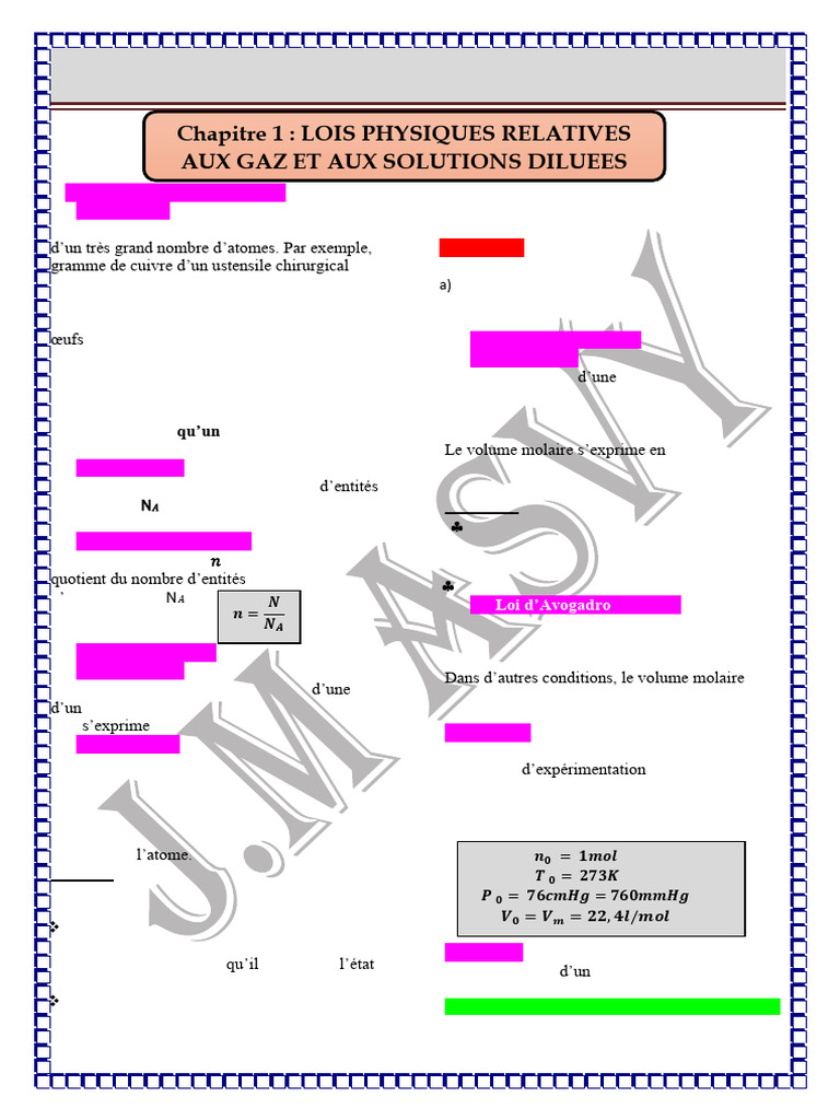 Cours de chimie : mole et lois des gaz | PDF | Mole (unité) | Phénomène ...