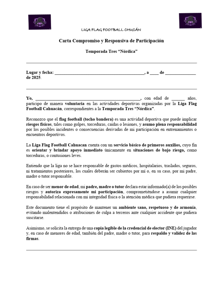 Carta Responsiva Liga Flag Football 2025 | PDF